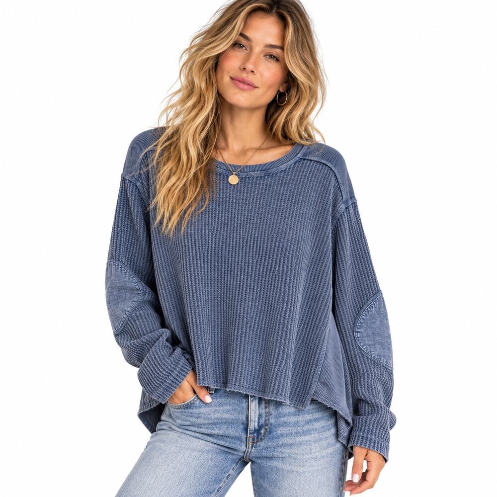 Free People FP One Blue Waffle Knit Thermal High Low Top Sz S